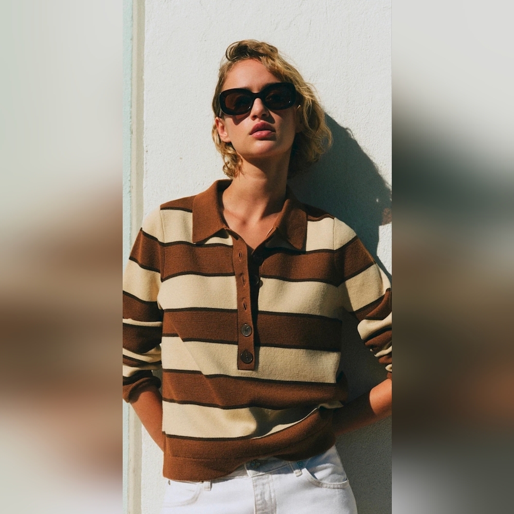 Sezane Selene Sweater - Brown and Cream Striped Collared 100% Merino Wool Size M